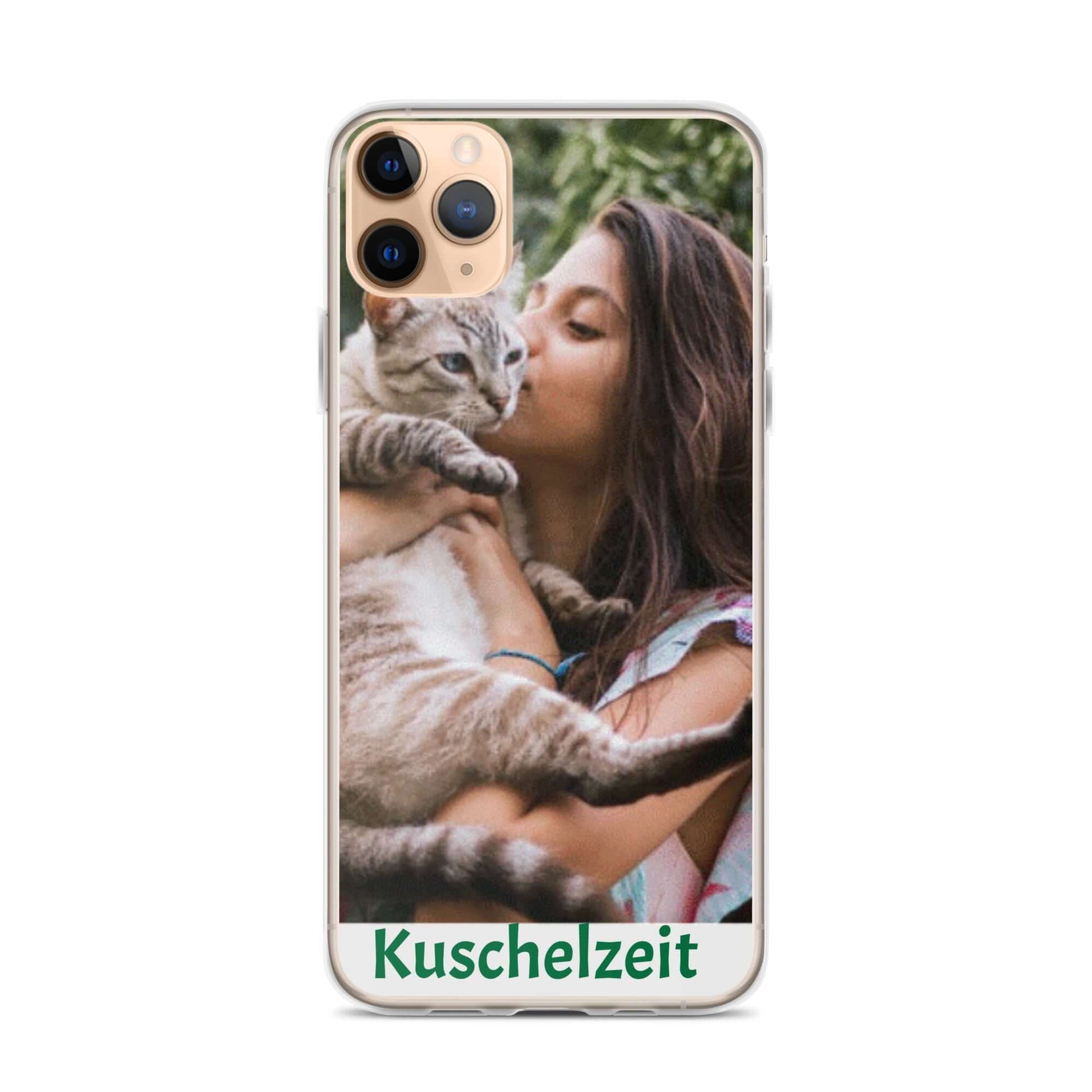 iPhone-Hülle mit personalisiertem Foto und Text "Kuschelzeit", zeigt Frau mit Katze, schützt vor Kratzern und Schmutz, Handyhülle selbst gestalten