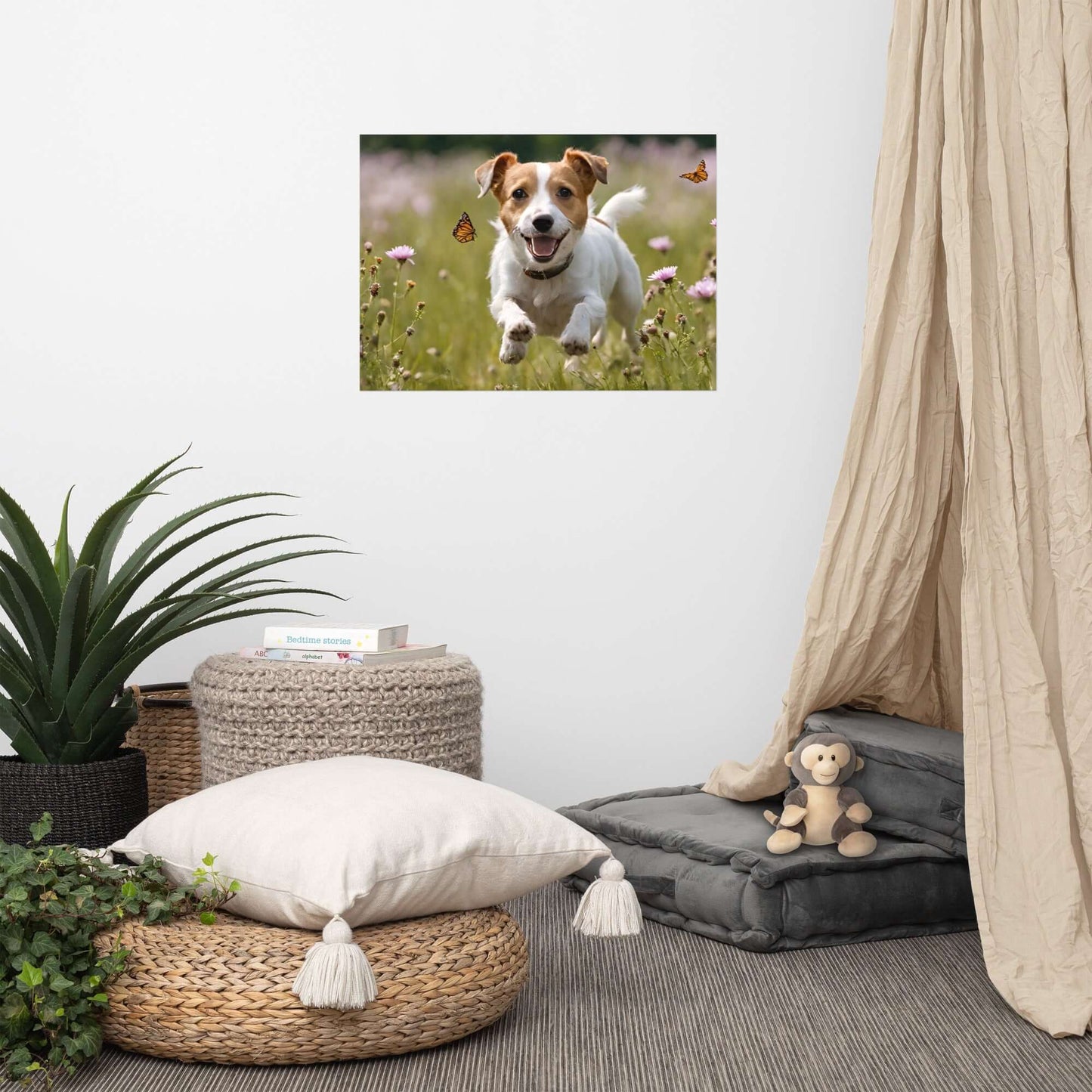 Poster auf mattem Papier mit fröhlichem Hund in Blumenwiese, Wandposter online, ideal zum selbst gestalten für Zimmer und Büro.