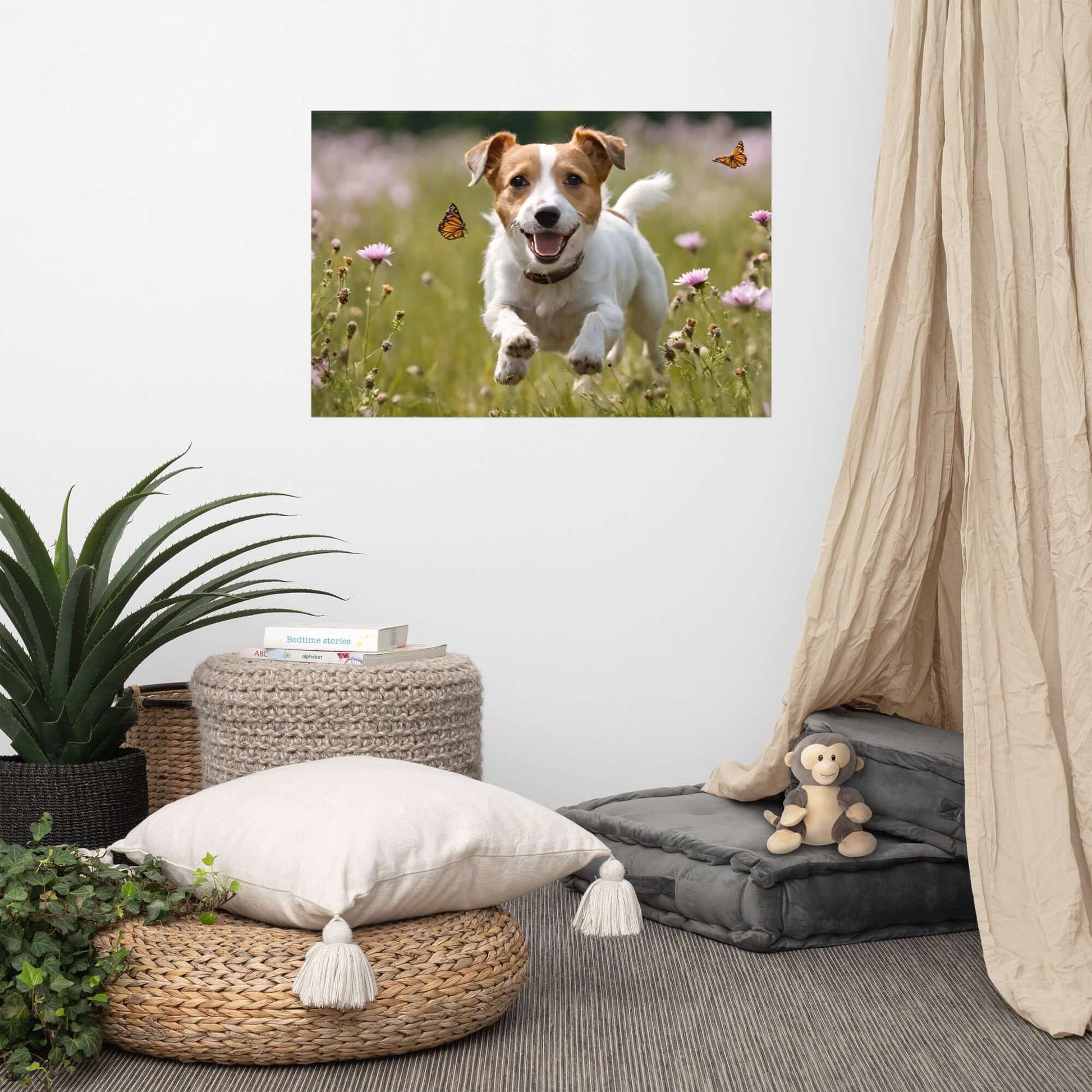 Jack Russell Terrier running in a field with butterflies, displayed as wall art in a cozy living room with poufs and plants.